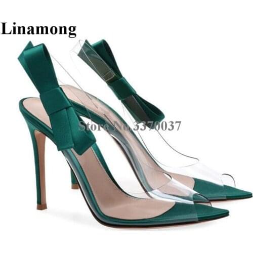 Women New Design Open Toe PVC Bowtie Thin Heel Pumps Cut-out Transparent Green Silver High Heels Formal Dress Shoes