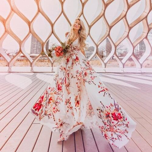 Happie Queens Women Deep V-neck floral print floor dress Ladies beach summer big hem bohemian maxi dresses