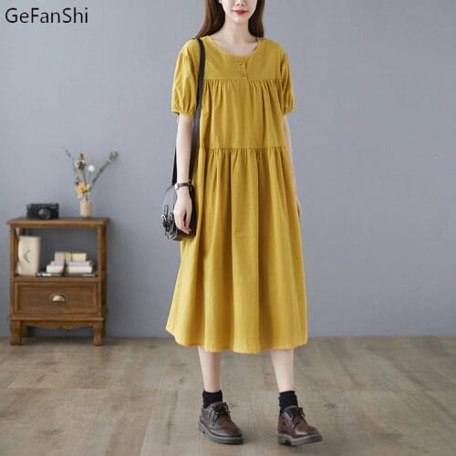 2021 New Women Cotton Linen Dress Short Sleeve O-Neck Solid Sweet Loose Casual Midi Dress Vintage Summer A-Line Dresses