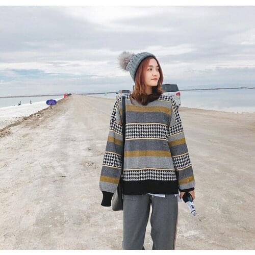 Winter Sweater Women 2019 Female Kawaii Sweater Casual Knitting Sweater Pullover Fashion Houndstooth Cashmere Sweater Oversized