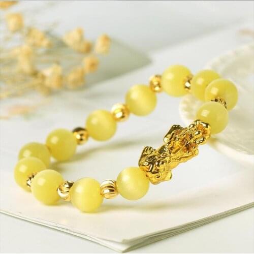 1Pcs Luck Wealth Feng Shui Bracelet for Women Men Gold Beaded Stone Wrist Bracelets Obsidian Pixiu pulseras mujer hombre Jewelry