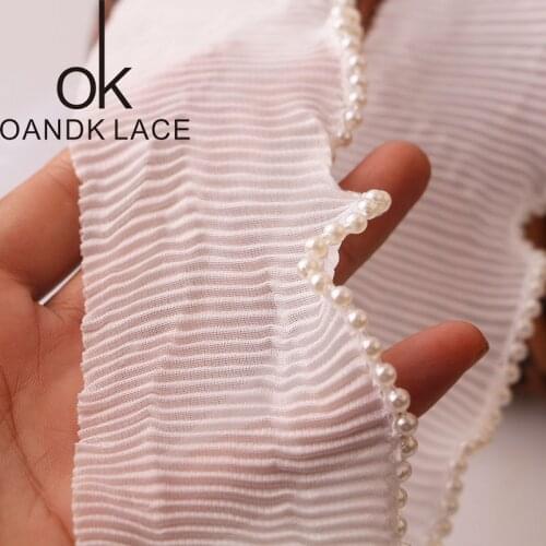 6CM 2YARD ElasticWhite Beaded Pleated Chiffon Lace Ribbons Trim For DIY Wedding Garment Dress Collar Applique Sewing Supplies