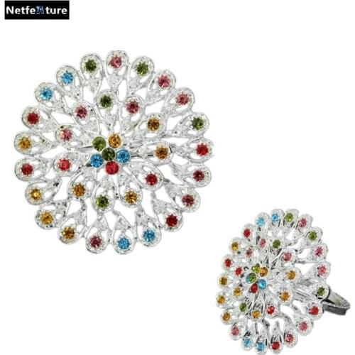 Free Shipping 4pcs/Lot Metal Silver Napkin Rings Colorful Rhinestones Alloy Flower Napkin Holder For Wedding Table Decoration