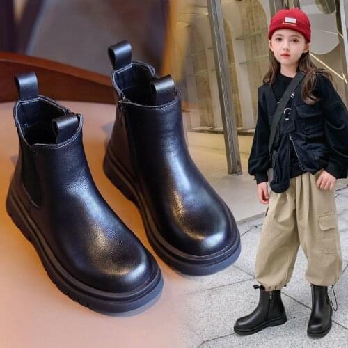 Kids Boots Toddler Girls Solid Fashion Flat with Martin Boots British Style Anti-Slippery Soft Sole Comfy Zipper Side Size 26-36