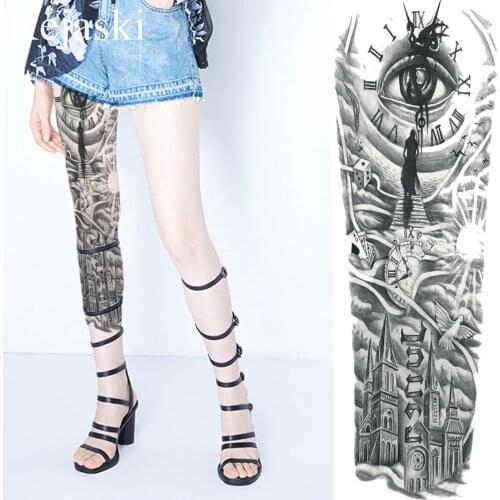 Clock Totem Eye Church Sun Temporary Tattoo Black Pigeon Women Full Arm Paste Tattoo Sticker Men Shoulder Water Trransfer Tatoo