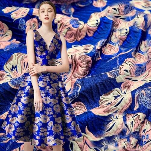 HLQON top grade gold line yarn dyed brocade jacquard sky blue fabric for dress women clothing tissue patchwork by 50x145cm
