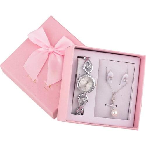 3pcs Woman Watch Set Women Bracelet Watches Casual Ladies Dress Wristwatch Earrings Necklace Suit Female Quartz Clock Gifts Box