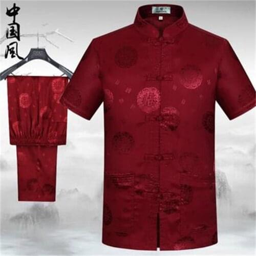 Summer middle-aged Tang suit men buckle blazer set short sleeve silk casaco jaqueta masculina coats mens jacket Chinese style