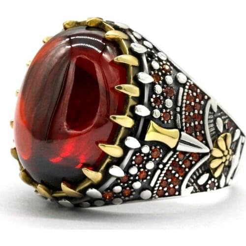 New Style Turkish 925 Sterling Silver Mens Red Zircon Ring, Vintage Engraving Dagger, with Red CZ Zircon Punk Rock Male Ring T