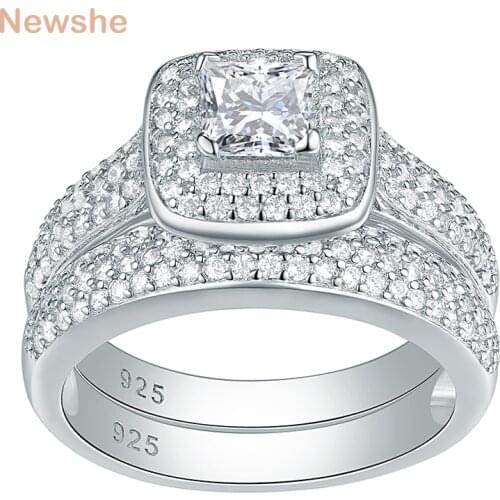 Newshe 2 Pcs Classic Wedding Rings For Women 925 Sterling Silver Jewelry Engagement Ring Set 2.26 Ct Princess Cut AAAA CZ JR4230