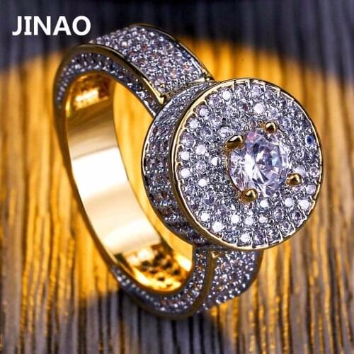 JINAO New Fashion Gold Color Plated Alll Iced Out Bling Micro Pave Cubic Zircon Ring Hip Hop Rock Jewelry Rings For Men & Women