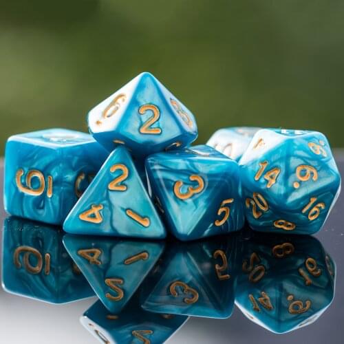 Poludie 7Pcs/Set Cyan DND Dice Set Gold Font Polyhedral Dice D4 D6 D8 D10 D% D12 D20 for Role Playing Board Game D&D RPG MTG DND