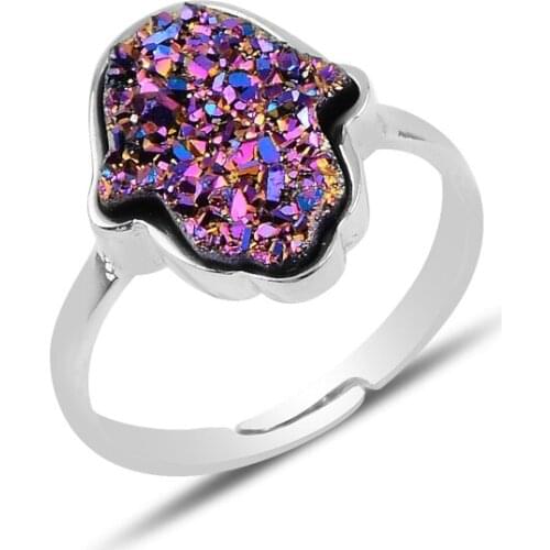 Silverlina Silver Fatma Master Hand Druzy Gemstone Adjustable Tall Ring