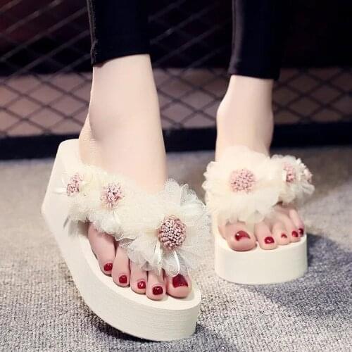 Bohemian Floral Platform Wedges Flip Flops Chunky Summer Beach Slippers Women Slides 2021 High Heels Luxury Designer Sandals