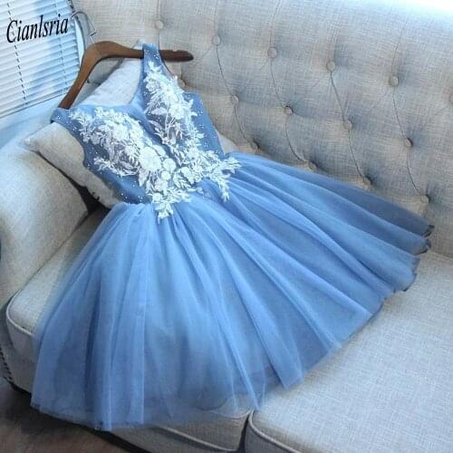 Light Blue V-Neck Floral Appliques Sleeveless Mini Short Homecoming Dresses Beading Lace Up Back Cocktail Graduation Dress
