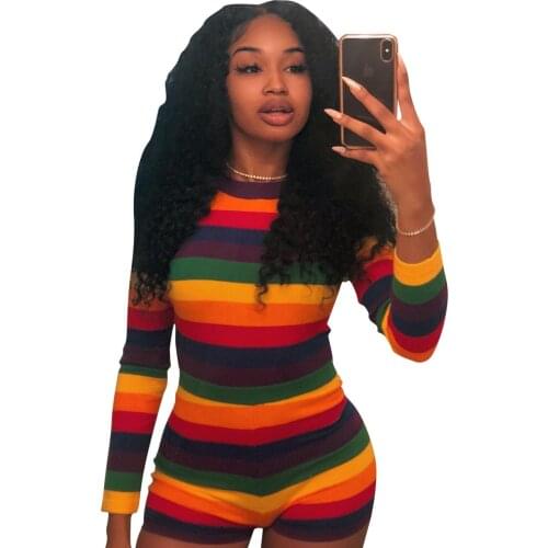 Rainbow striped short jumpsuit o neck long sleeve romper women jumpsuit sexy playsuit club LA8027