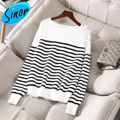 Aw19 new sweater womens black and white striped Pullover long sleeve simple age reducing wool 983006