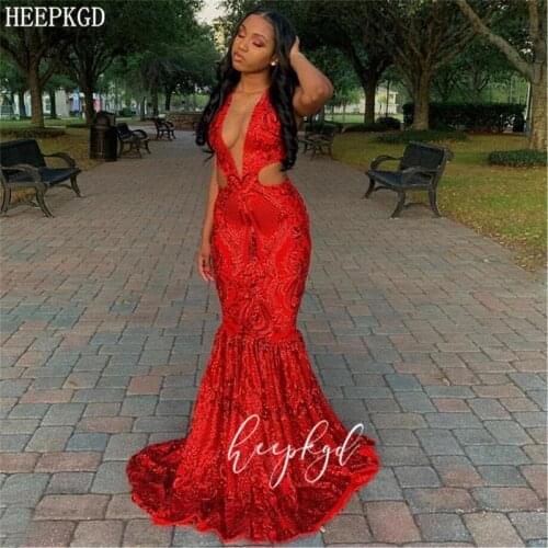 Red Sequins Mermaid Sexy Prom Dresses Backless Halter Long Black Girls Wedding Party Dress Plus Size Graduation Gown Customize