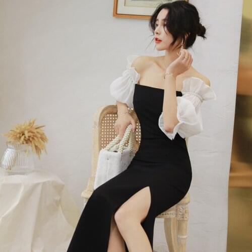 2021 Spring New Shoulder Lantern Sleeve Slim Split One Step Black Dress