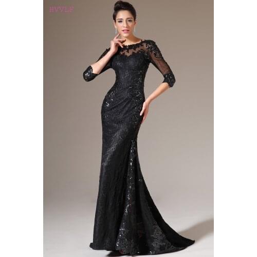 Black Evening Dresses Mermaid 3/4 Sleeves Sequins Lace See Through Women Long Evening Gown Prom Dresses Robe De Soiree