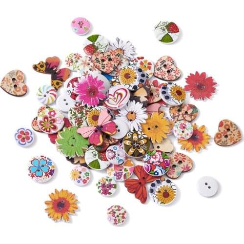 1Set Retro Mixed 2-Hole Printed Wooden Buttons Colorful Buttons Fit Sewing Clothes Decor Crafting Scrapbooking DIY Accessories