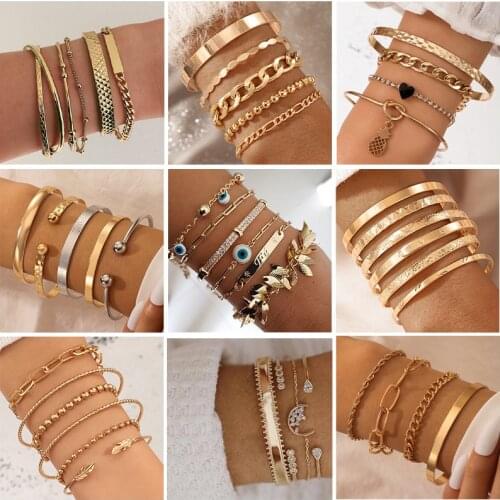 Docona 11 Style Boho Leaf Heart Crystal Open Bracelet Set for Women Geometry Adjustable 2021 Summer Beach Jewelry Bransoletka