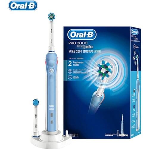 Oral B Pro2000 3D Electric Toothbrush Rechargeable Teeth Deep Clean Adult Rotating Tooth Brush Oral Care 1 Handle 2 Brush Heads