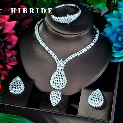 HIBRIDE Big Pendant Fashion Women Wedding Bridal Cubic Zirconia Necklace Dubai Dress Jewelry Set N-814