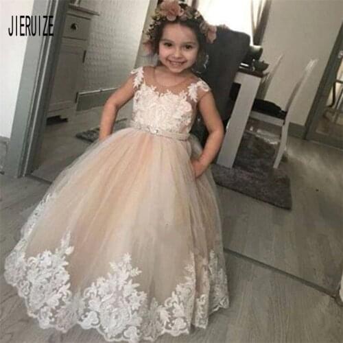 JIERUIZE Flower Girl Dresses For Wedding Jewel Neck Sleeveless Girls Lace Appliques Pageant Dress Ball Gown Kids Communion Dress