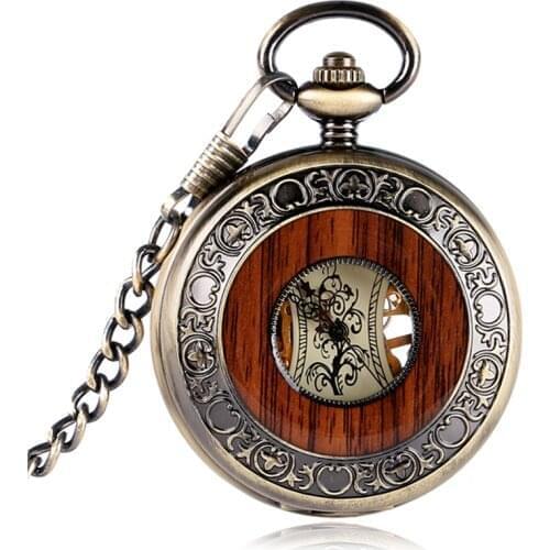 Retro Luxury Wood Circle Skeleton Pocket Watch Men Women Unisex Mechanical Hand-winding Roman numerals Necklace Gift P2012C