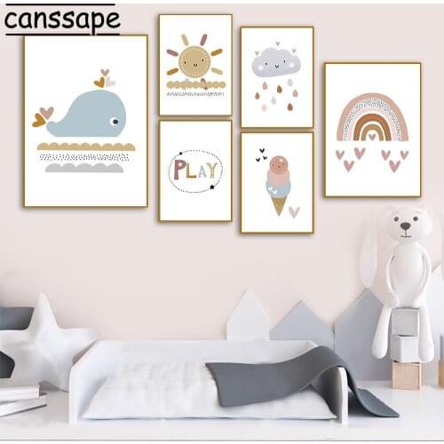 Nursery Wall Art Canvas Painting Sun Rainbow Poster Ice Cream Paintings Whale Print Nordic Wall Pictures For kids Room Decor