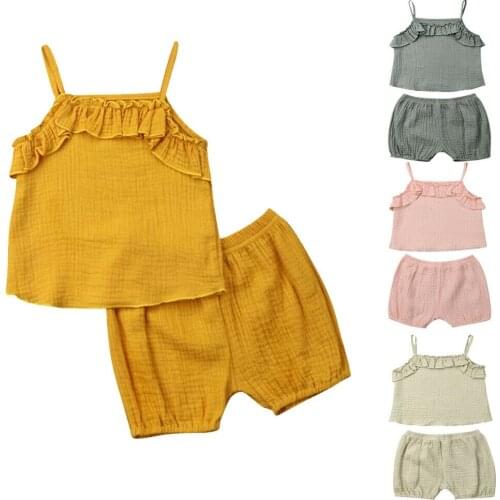 2PCS Sets Cute Girl Summer Outfits Sleeveless Ruffle Vest+Shorts Newborn Infant Baby Girls Solid Color Clothes 0-3 Years