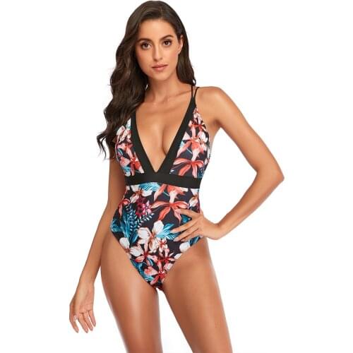 Sexy Deep V Neck High Cut 1 Piece Bikini Swimwear For Women Floral Print Swimming Suits Halter String Cross Bikinis Swimsuit