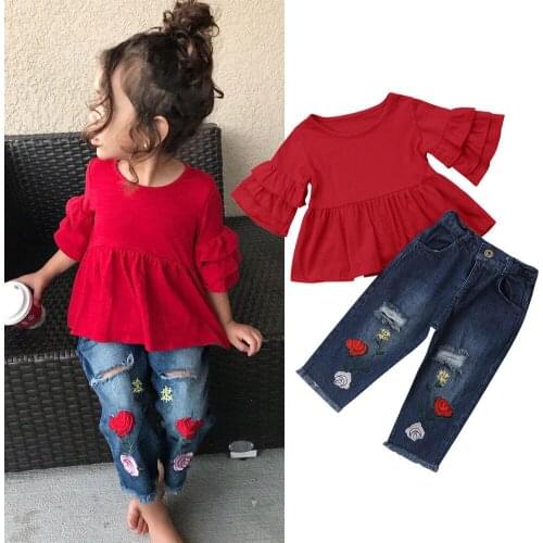 Fashion Summer Casual Clothes Sets 1-6Y Toddler Baby Girls Petal Sleeve Red T-Shirts Tops Floral Print Blue Hole Pants