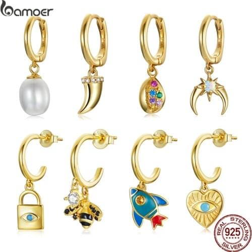 Bamoer 1PC Golden Mysterious Spain Lucky Eye 925 Sterling Silver Earring Rocket Heart Lock Bee Colorful Fashion Jewelry SCE1138