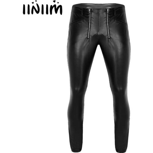 Mens Pants For Clubwear Faux Leather Tight Pants Stretchy Full Length Halloween Costumes Legging Trousers with Zipper Pouch