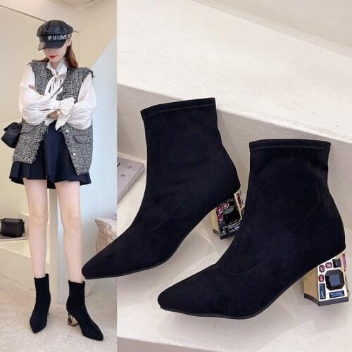 2021 New Spring Autumn Women Fashion Sexy Short Boots Flock Pointed Toe Diamond High Heels Elegant Black Party Booties