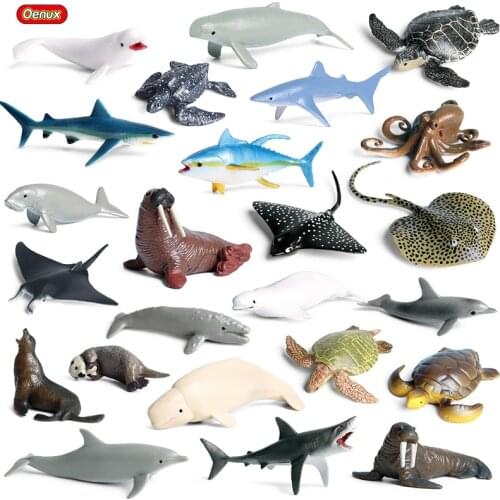Oenux Mini Sea Life Animals Dolphin Rays Shark Turtle Model Action Figures Ocean Marine Aquarium Figurines Education Kids Toys