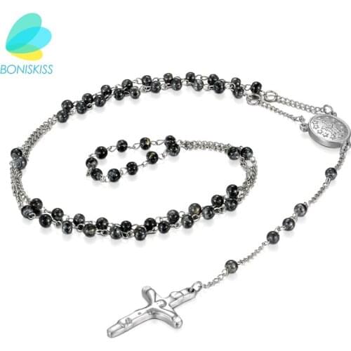 Boniskiss Glass Beaded Necklace Cross Pendant Jesus Prayer Stainless Steel Necklace For Women Men Religion Jewelry Dropshipping