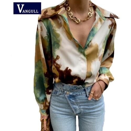 Vangull Fashion Vintage New Women Blouse 2021 Spring Summer Turn-down Collar Long Sleeve Panelled Green Print Loose Shirt Female