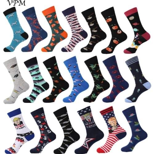 VPM New Colorful Cotton Mens Crew Socks Happy Funny Fox Space Trump Dino Dog Cool Dress Warm Socks for Wedding Christmas Gift