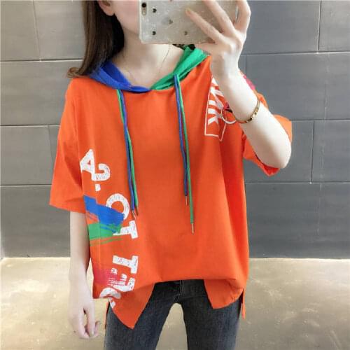New Large Size Women Summer graffiti Hooded T-shirt Half Sleeve loose Comfortable T-shirt Fashion Color matching Short Sleeves