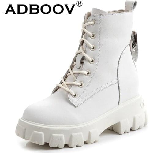 DBOOV New Genuine Leather Platfrom Ankle Boots Women Side Zip Winter Martens Boots White Black