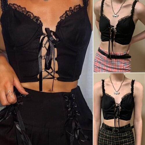 Lace Up Goth Aesthetic Top Female Lace Trim Cute Kawaii Clothes Dark Academia V Neck Sexy Gothic Cami Tops
