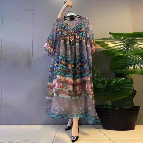 Womens Summer Chiffon Dress 2021 New Vintage Printed Half Sleeve Casual Loose Soft and Comfortable Thin Lightweight Dress