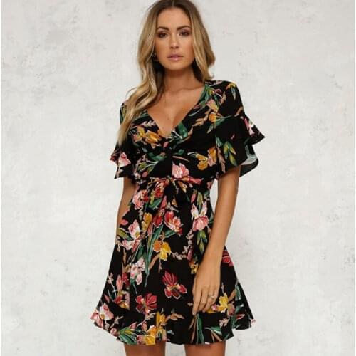 2018 Kez Keer Summer women dress sexy V neck mini Dress black flower print ruffles flare sleeve Hit Color pleated female Vestido
