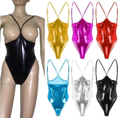 Sexy Wet Look Faux Leather Cupless Leotard Breast Free One Piece Bikini Bodysuit Revealing Erotic Dance Wear Lingerie