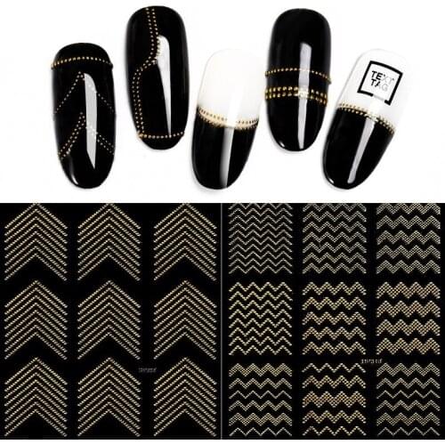 1bag Golden Metal 3D Nail Stickers Striped Wavy Lines DIY Nail Stickers Manicure Glue Decals Water Slide Nail Stickers