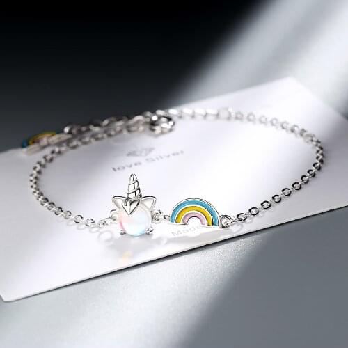 925 Sterling Silver Unicorn Rainbow Charm Bracelet &Bangle For Women Girls Party Jewelry Pulseras Mujer sl341