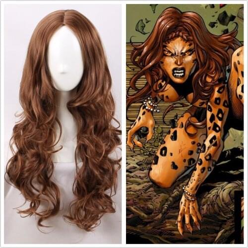 Anime 65cm Wonder Women Cheetah brown wavy middle parting styled hair Barbara Minerva role play halloween party wigs + wig cap